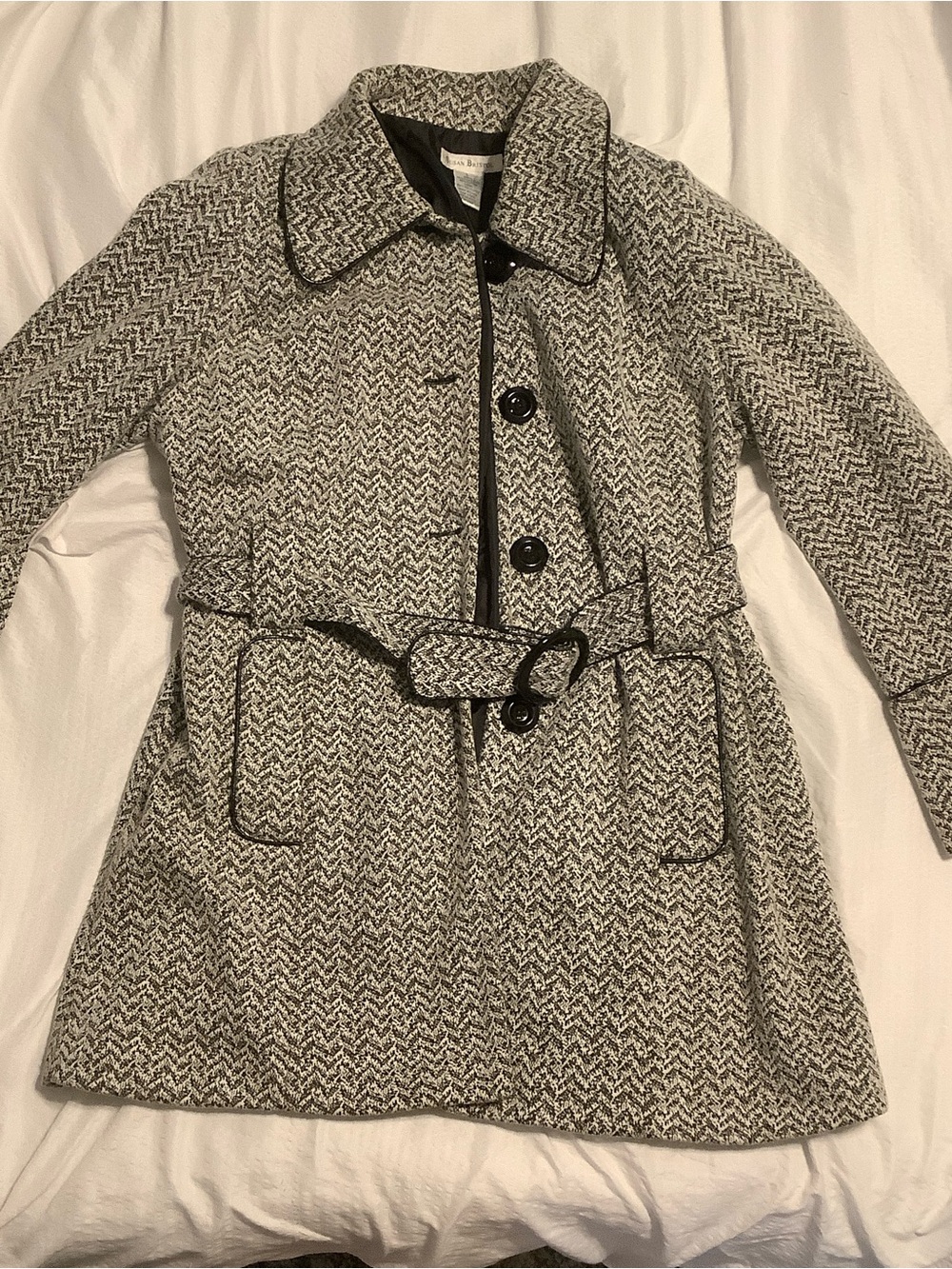 Susan Bristol Black & Gray Herringbone Belted Trench Coat